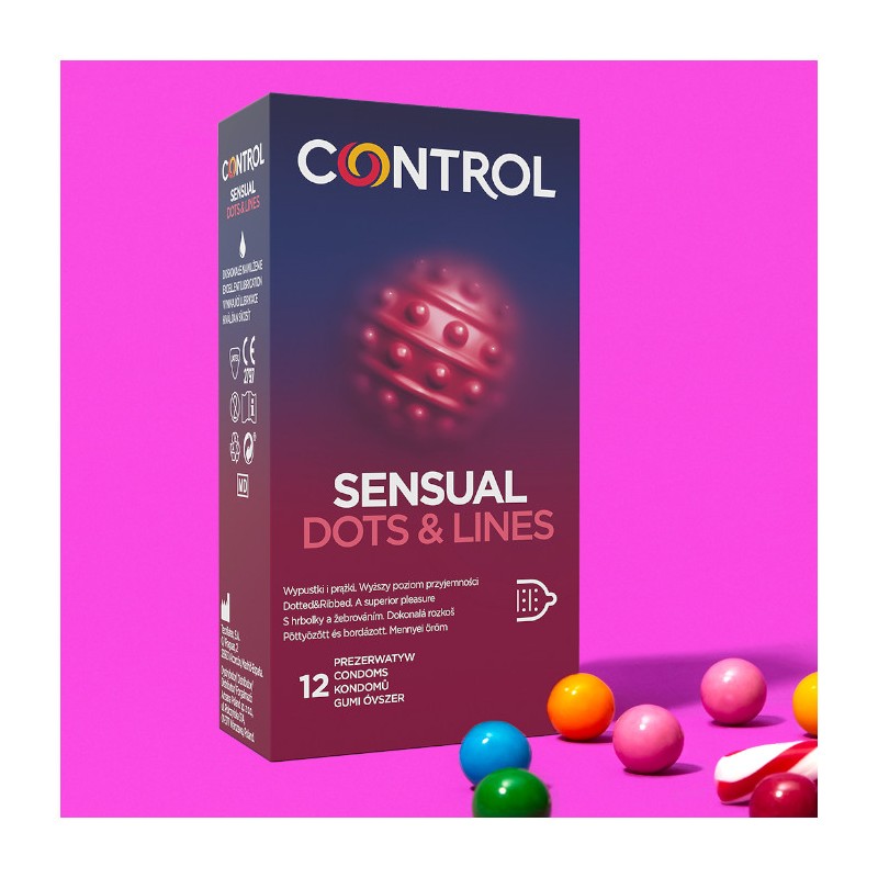 Control Sensual Dots & Lines 12 szt. - prezerwatywy prążkowane z wypustkami